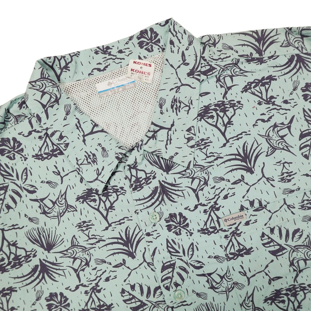 COLUMBIA Men's XL Mint Green Marlin Tropical Print Short Sleeve Button Up Shirt